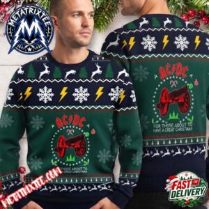 ACDC Artillery Graphic Dark Green Navy Blue Lightning Pine Trees Holiday Christmas Xmas Ugly Christmas Sweater