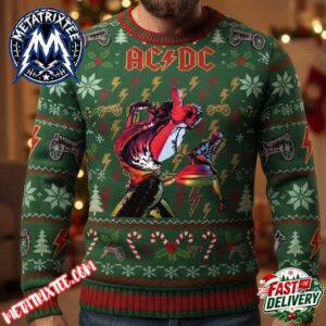 ACDC Band Guitarist Stage Performance Graphic Green Knitted Pullover Holiday Christmas Xmas Ugly Christmas Sweater