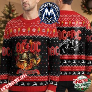 ACDC Band Iconic Bells And Logo Red Black Background Nordic Patterns Holiday Christmas Xmas Ugly Christmas Sweater
