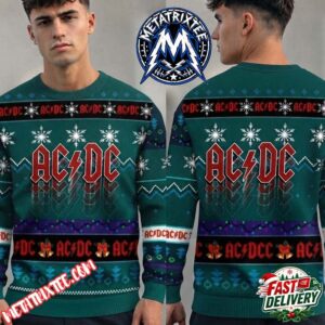 ACDC Band Logo Snowflakes Christmas Trees Green Knitted Ugly Christmas Sweater