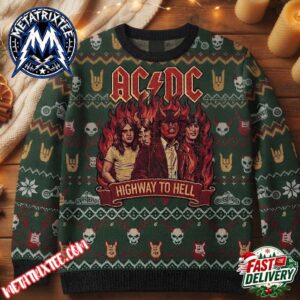 ACDC Band Members Fire Flames Graphic Dark Green Knit Pullover Skulls Guitars Holiday Christmas Xmas Ugly Christmas Sweater
