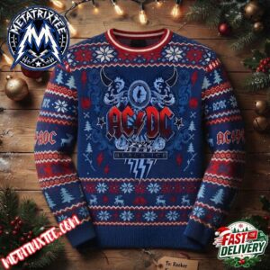 ACDC Black Ice Logo And Lighting Bolt Design Blue Knitted Ugly Christmas Sweater 2026 Personalized Christmas Holiday Ugly Christmas Sweater