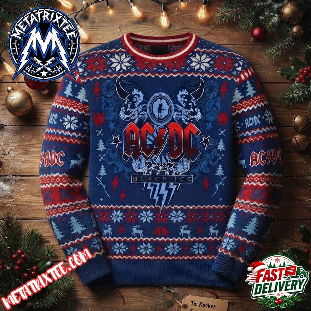ACDC Black Ice Logo And Lighting Bolt Design Blue Knitted Ugly Christmas Sweater 2026 Personalized Christmas Holiday Ugly Christmas Sweater ACDC Black Ice Logo And Lighting Bolt Design Blue Knitted Ugly Christmas Sweater 2026 Personalized Christmas Holiday Ugly Christmas Sweater