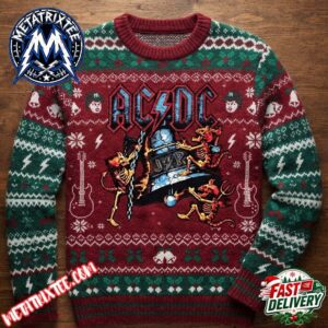 ACDC Giant Hell Bell And Little Devils Red Green Snowflake Guitar Knitted Ugly Christmas Sweater