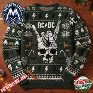 ACDC Rock Band Skull Hand Sign Dark Green Sweater Holiday Christmas Xmas Ugly Christmas Sweater