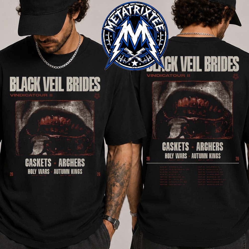 Black Veil Brides Vindicatour II US Tour 2026 Run From Aug 27 To Sep 27 Cities List Start At Phoenix And Stop At Montclair Two Sided Print T-Shirt Black Veil Brides Vindicatour II US Tour 2026 Run From Aug 27 To Sep 27 Cities List Start At Phoenix And Stop At Montclair Two Sided Print T-Shirt