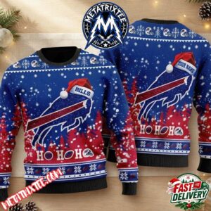 Buffalo Bills Blue Forest Snowflake Santa Hat Logo Ho Ho Ho 2026 Holiday Ugly Christmas Sweater
