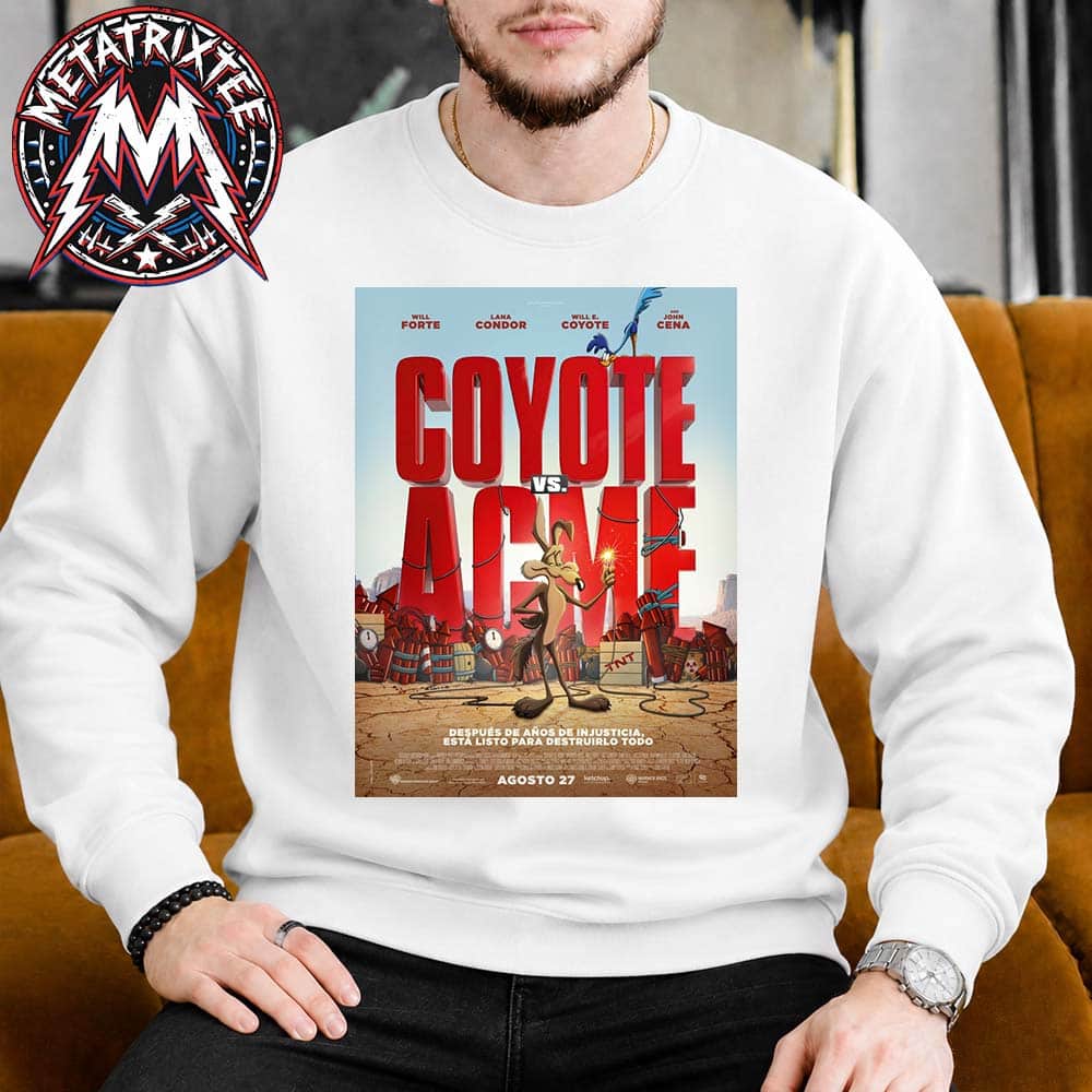 Coyote Vs Acme Movie Poster Starring Will Forte Lana Condor And John Cena in Theaters On Agosto 27 2026 Short White T-Shirt Coyote Vs Acme Movie Poster Starring Will Forte Lana Condor And John Cena in Theaters On Agosto 27 2026 Short White T-Shirt