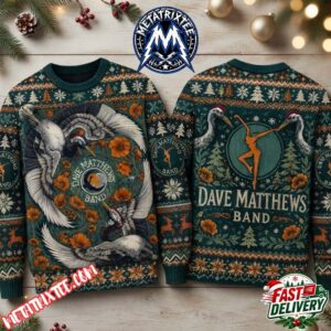 Dave Matthews Band Cranes And Floral Pattern Dark Green Ugly Christmas Sweater