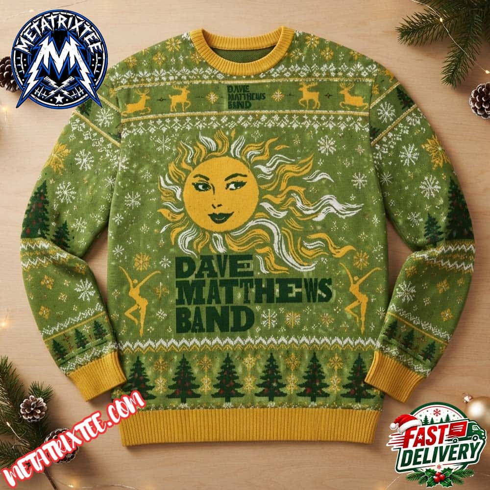 Dave Matthews Band Sun Face Design And Christmas Trees Green Knitted Ugly Christmas Sweater Dave Matthews Band Sun Face Design And Christmas Trees Green Knitted Ugly Christmas Sweater