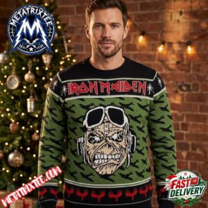 Iron Maiden Aces High Mascot Eddie Face Wearing Helmet Olive Green Base Camo Aircraft Pattern Snowflake Accents Gift For Fan Knitted Ugly Christmas Sweater