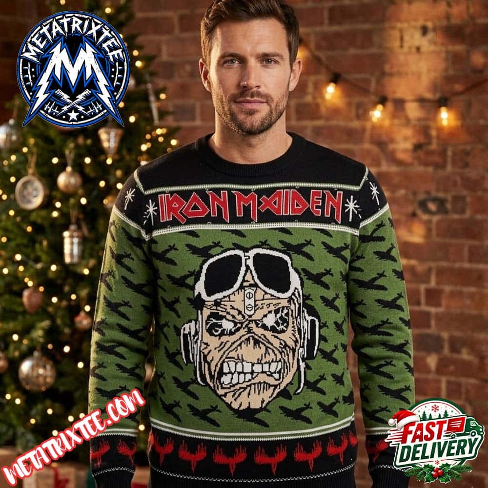 Iron Maiden Aces High Mascot Eddie Face Wearing Helmet Olive Green Base Camo Aircraft Pattern Snowflake Accents Gift For Fan Knitted Ugly Christmas Sweater Iron Maiden Aces High Mascot Eddie Face Wearing Helmet Olive Green Base Camo Aircraft Pattern Snowflake Accents Gift For Fan Knitted Ugly Christmas Sweater