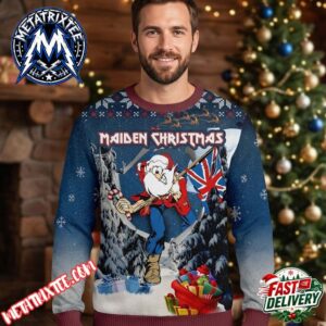 Iron Maiden Christmas Santa Claus Carrying British Flag Candy Cane Snowy Pines Dark Blue Gradient Ribbed Trim Ugly Christmas Sweater Gift For Holiday 2026