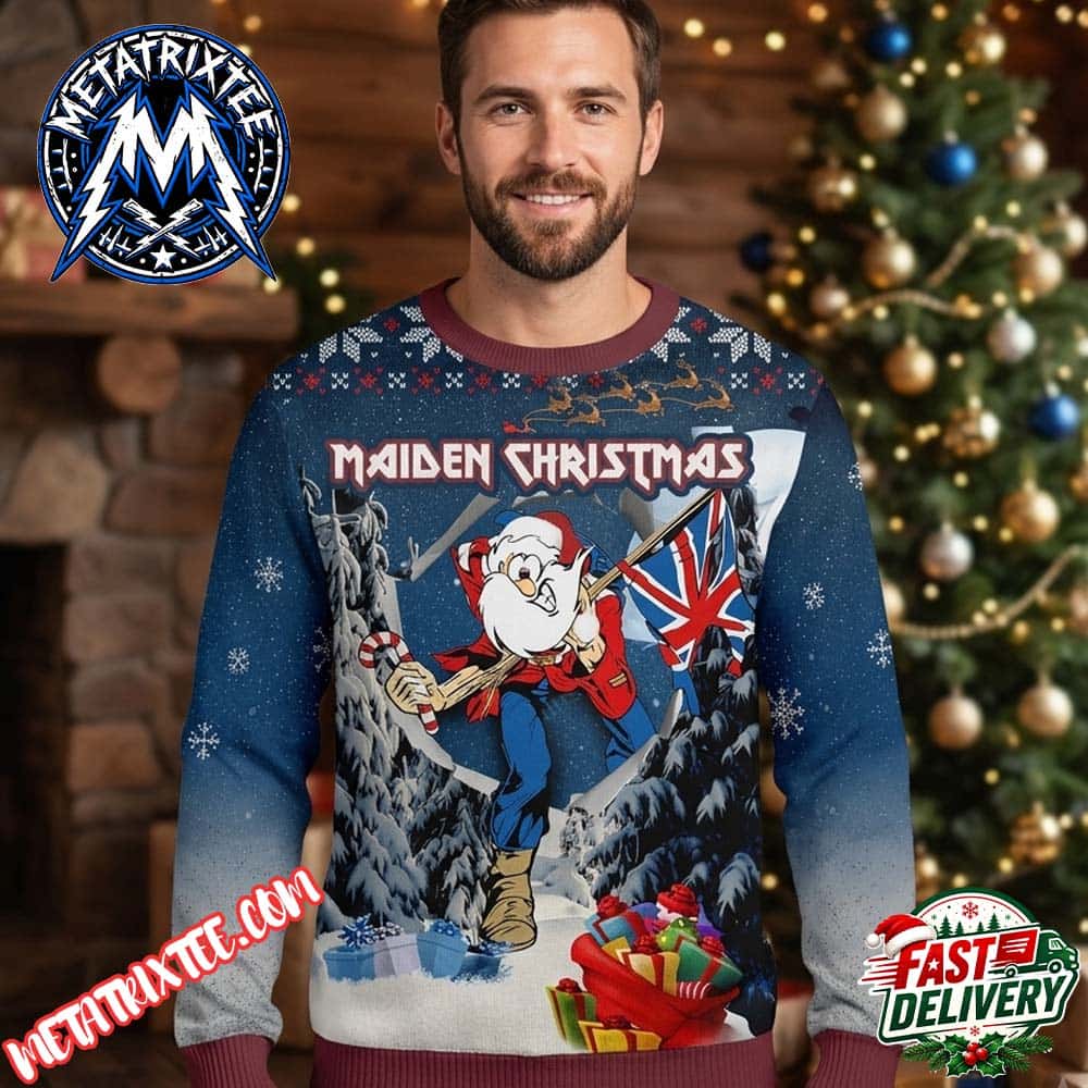 Iron Maiden Christmas Santa Claus Carrying British Flag Candy Cane Snowy Pines Dark Blue Gradient Ribbed Trim Ugly Christmas Sweater Gift For Holiday 2026 Iron Maiden Christmas Santa Claus Carrying British Flag Candy Cane Snowy Pines Dark Blue Gradient Ribbed Trim Ugly Christmas Sweater Gift For Holiday 2026