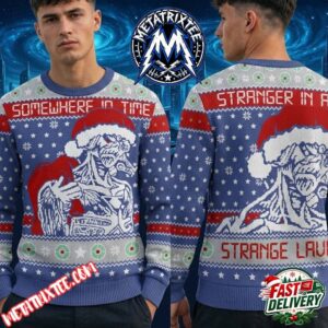 Iron Maiden Cyber Eddie Carrying Red Present Bag Royal Blue Base Snowflake Target Crosshair Trim 2026 Knitted Ugly Christmas Sweater
