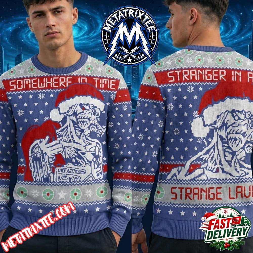 Iron Maiden Cyber Eddie Carrying Red Present Bag Royal Blue Base Snowflake Target Crosshair Trim 2026 Knitted Ugly Christmas Sweater Iron Maiden Cyber Eddie Carrying Red Present Bag Royal Blue Base Snowflake Target Crosshair Trim 2026 Knitted Ugly Christmas Sweater