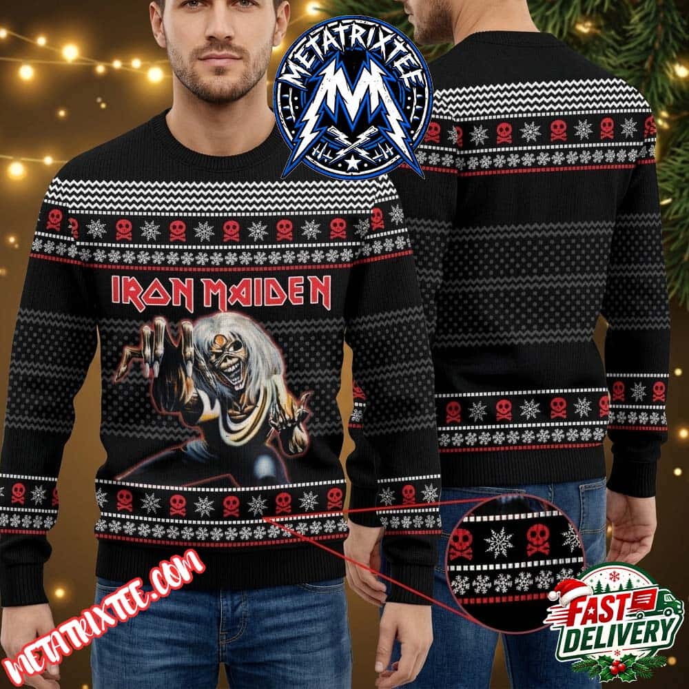 Iron Maiden Eddie Black Apparel Crimson Skulls White Nordic Snow Patterns XMAS Collectors Edition Ugly Christmas Sweater Iron Maiden Eddie Black Apparel Crimson Skulls White Nordic Snow Patterns XMAS Collectors Edition Ugly Christmas Sweater