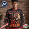 Iron Maiden Eddie Mascot Aircraft Fighter Helmet Pilot Graphic Dark Forest Green Texture Bell Christmas Tree Festive Pattern 2026 Knitted Ugly Christmas Sweater