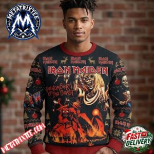 Iron Maiden Eddie Control Puppet Devil Flames Graphic Black Base Ribbed Red Edges Union Jack Sleeve Skulls Pine Trees XMAS Collectors Edition Ugly Christmas Sweater
