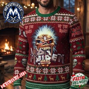 Iron Maiden Eddie Mascot Red Green Sweater White Snowflakes Reindeer Pine Trees Pattern Up The Irons Text Gift For Fan Knitted Ugly Christmas Sweater