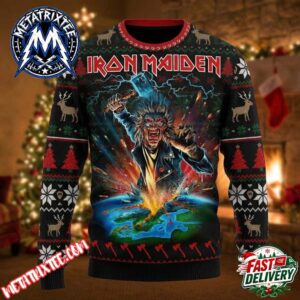 Iron Maiden Monster Eddie Breaking Earth Fiery Hammer Black Knit Red Collar Reindeer Snowflake Pattern Gift For Fan Knitted Ugly Christmas Sweater