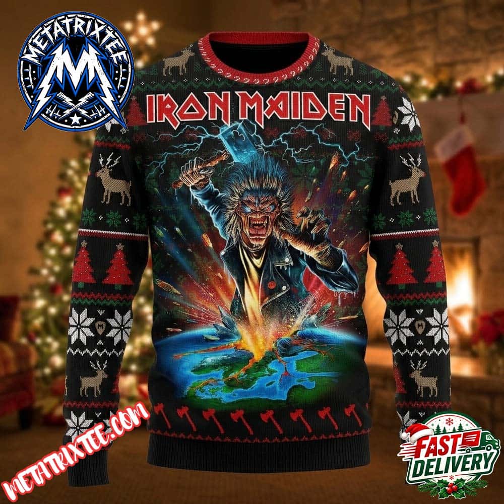 Iron Maiden Monster Eddie Breaking Earth Fiery Hammer Black Knit Red Collar Reindeer Snowflake Pattern Gift For Fan Knitted Ugly Christmas Sweater Iron Maiden Monster Eddie Breaking Earth Fiery Hammer Black Knit Red Collar Reindeer Snowflake Pattern Gift For Fan Knitted Ugly Christmas Sweater