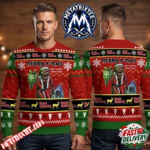Iron Maiden Scary Zombie Santa Mascot Red Green Base Snowflake Reindeer Pine Tree Decorative Pattern XMAS Collectors Edition Ugly Christmas Sweater