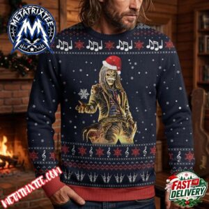 Iron Maiden Trooper Eddie Santa Cap Deep Blue Base White Notes Crimson Ribbed Cuffs Metal Hands XMAS Collectors Edition Ugly Christmas Sweater