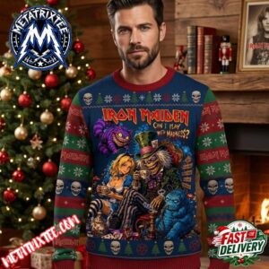 Iron Maiden With Madness Alice In Wonderland Tea Party Dark Blue Red Sweater Base Festive Trees Skulls Stars Gift For Fan Knitted Ugly Christmas Sweater
