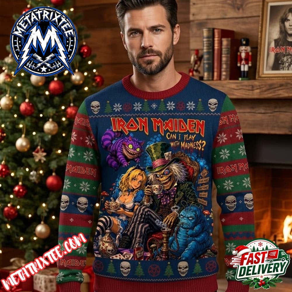 Iron Maiden With Madness Alice In Wonderland Tea Party Dark Blue Red Sweater Base Festive Trees Skulls Stars Gift For Fan Knitted Ugly Christmas Sweater Iron Maiden With Madness Alice In Wonderland Tea Party Dark Blue Red Sweater Base Festive Trees Skulls Stars Gift For Fan Knitted Ugly Christmas Sweater