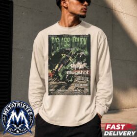 a man wearing a cream colored long sleeve t-shirt featuring a green concert poster graphic
