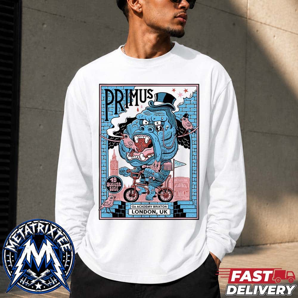 London Poster Concert Print For Primus At O2 Academy Brixton On August 19 2026 White Longsleeve T-Shirt London Poster Concert Print For Primus At O2 Academy Brixton On August 19 2026 White Longsleeve T-Shirt