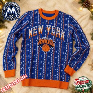 New York Knicks Basketball Logo Text Graphic Vertical Zigzag Pattern 2026 Knitted Ugly Christmas Sweater