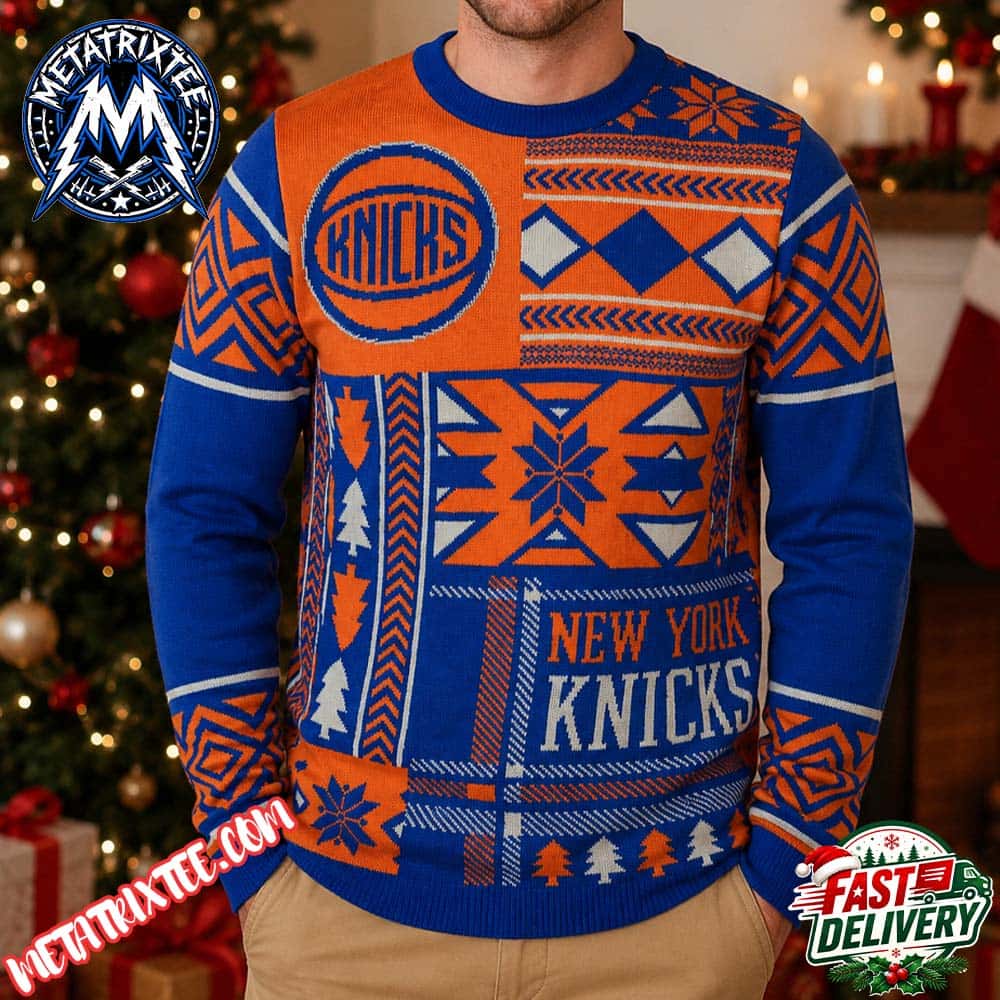 New York Knicks Basketball Team Logo Snowflake Tree Pattern Personalized Christmas 2026 Holiday Ugly Christmas Sweater New York Knicks Basketball Team Logo Snowflake Tree Pattern Personalized Christmas 2026 Holiday Ugly Christmas Sweater