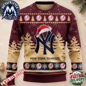 New York Yankees Logo Santa Hat Gold Forest Pattern 2026 Knitted Ugly Christmas Sweater