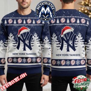 New York Yankees Logo Santa Hat Snow Trees Pattern 2026 Knitted Ugly Christmas Sweater