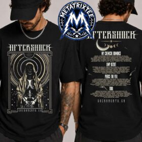 man wearing a black aftershock sacramento festival tee showing a skeleton graphic on the front
