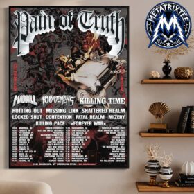 Framed Pain of Truth tour poster displayed on a wall showing band typography artwork above a list of concert dates.