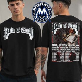 Man wearing a black pain of truth tour shirt with white logo on the front and tour dates printed on the back