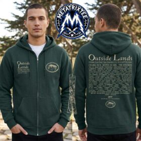 Man wearing front and back view of dark green outside lands zip hoodie with music festival lineup printed on the back.