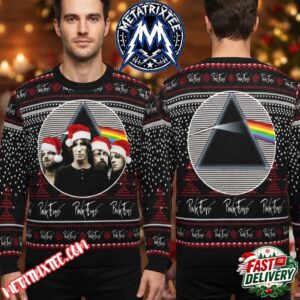 Pink Floyd Black Sweater With Santa Hat Members And Rainbow Prism XMAS Collectors Edition Ugly Christmas Sweater