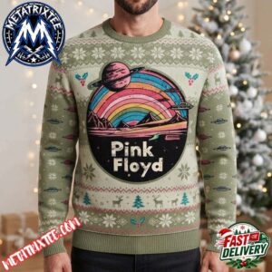 Pink Floyd Retro Space Graphic Planet Rainbow Landscape Green Knitted Ugly Christmas Sweater