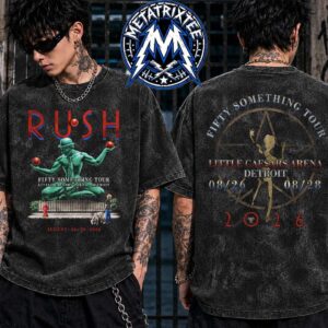 Rush Band Merchandise Tee For Two-Night Show Fifty Something Tour 2026 At Little Caesars Arena In Detroit Michigan On August 26 And 28 Two Sided Print Washed T-Shirt