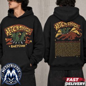 A black hoodie featuring the aftershock griffin trio graphic on the front and back with text