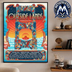 Framed outside lands 2026 poster canvas with psychedelic floral art and festival lineup on display next to wooden shelves