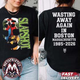 Front and back of a black slapshot boston vintage shirt with parrot artwork and white concert text.