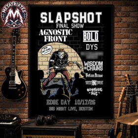 Framed Slapshot final show poster with hockey player artwork displayed on a brick wall.