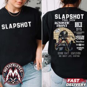 Front and back display of a black slapshot final show shirt featuring band lineup graphics and concert date details.
