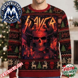 Slayer Band Apparel Red Black Knitted Horned Skull With Fire Design 2026 Knitted Ugly Christmas Sweater