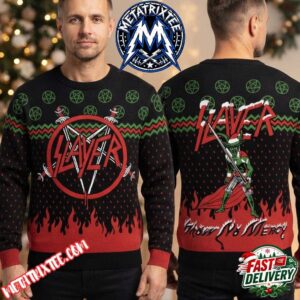 Slayer Band Iconic Logo And Demon Figure Festive Black Knit Sweater With Zigzag Border Ugly Christmas Sweater Gift For Holiday 2026